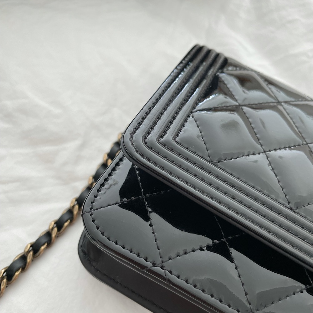 •SOLD to Fashionphile• CHANEL Patent Boy Wallet On Chain WOC Black - Picture 9 of 16